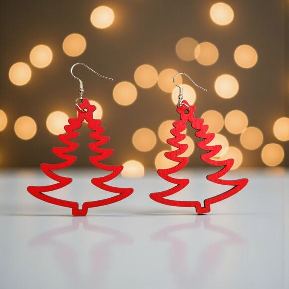 Christmas Tree Earrings Red Wood - Picture 2 of 6
